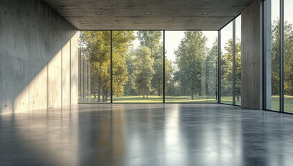 Modern Minimalist Interior with Floor-to-Ceiling Windows Overlooking Lush Green Landscape and Bright Natural Light Streaming Through Spacious Room
