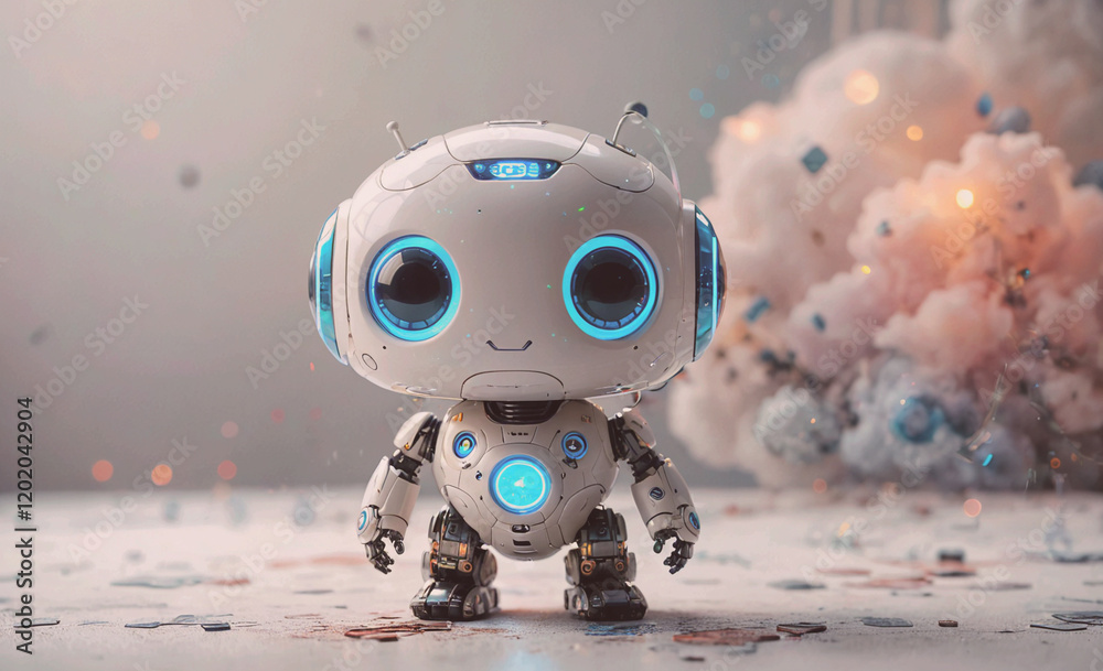 Poster a robot with blue eyes and a smile stands in front of a cloud of smoke. the robot is wearing a blue 