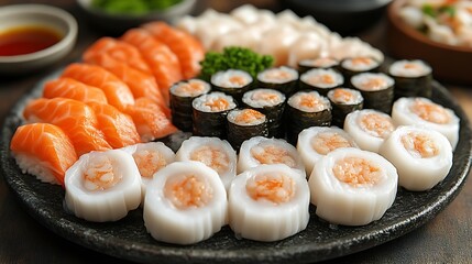 Assorted Sushi Platter Featuring Salmon And Shrimp