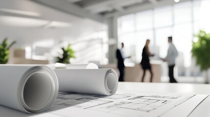 Blueprints on a Desk in an Office