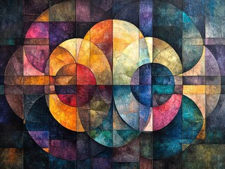 Abstract geometric art featuring intersecting circles and squares in vibrant hues. Ideal for modern interiors or as a striking focal point.