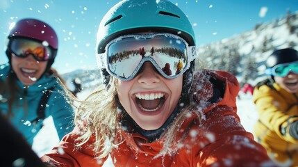 A group of joyful skiers smiles at the camera, embodying the thrill and exuberance of winter sports while enjoying the sunny snowy slopes during their adventure.
