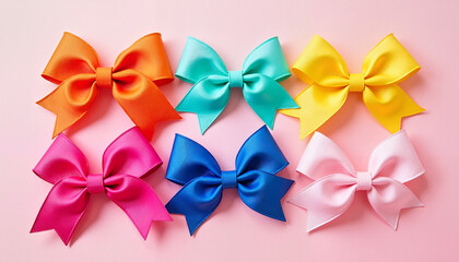 Colorful stacked bows on a pink background, whimsical delight