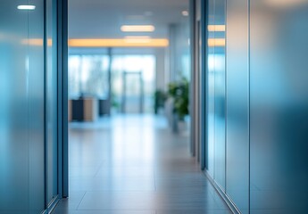 Modern Office Corridor with Glass Walls and Soft Lighting Creating an Inviting Workspace Atmosphere Ideal for Professional Settings and Remote Work Environments