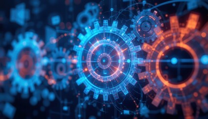 Fototapeta premium Futuristic gears meshing, digital network backdrop