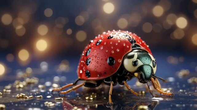 A ladybug is standing on a surface with a shiny, reflective surface. The ladybug is surrounded by a lot of gold dust, which gives the image a shiny, almost ethereal quality