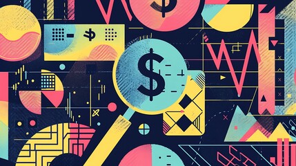Fototapeta premium A minimalist design featuring a magnifying glass focusing on a rising stock chart, with currency symbols and abstract geometric patterns in the background