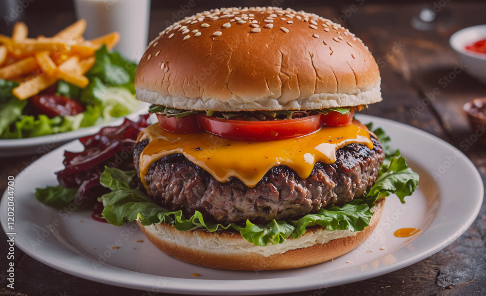 Poster a large hamburger with cheese and tomato on a bun sits on a white plate. the burger is surrounded by