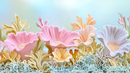 Common Freckle Pelt Lichen lichen in pastel colors on light background, tender botanical wallpaper, cotton fabric texture, delicate aesthetic effect