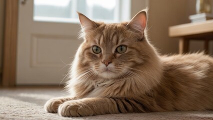 Fawn british longhair cat laying on the floor indoor
