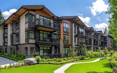Obraz premium Modern Residential Building Surrounded by Lush Green Landscape Featuring Balconies and Large Windows Ideal for Urban Living and Nature Enjoyment