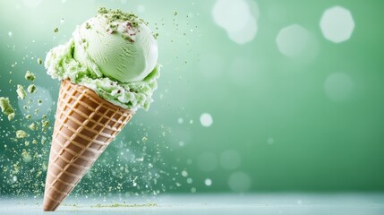 A scoop of mint green ice cream adorned with crushed toppings, artfully showcased in a waffle cone, delivering a refreshing and visually appealing dessert experience.