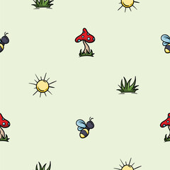 Bright spring seamless pattern with grass, sun, bee and mushroom. Vector background for decoration, print, wrapping paper, wall decoration. Repeating icons, signs and symbols for endless background