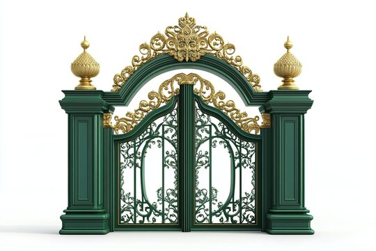 Elegant Green Gate with Gold Accents and Ornate Design