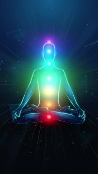 Abstract vertical looped animation of glowing chakra points over low poly human figure sitting in lotus yoga pose. Meditation; yoga and mental health care animated concept on blue background.