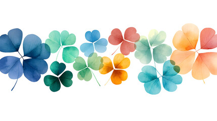 Colorful watercolor clovers in various shades create playful design. This vibrant arrangement adds cheerful touch to any project