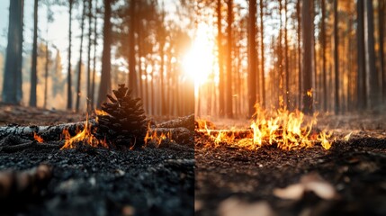 Obraz premium Fire burning in the center of a dense green forest with smoke rising into the sky during daytime