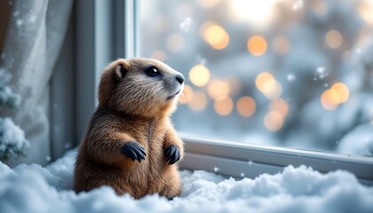 Adorable Marmot Gazing at a Winter Wonderland: A Serene Snowscape
