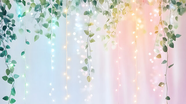 Lush green ivy vines hang gracefully with soft glowing lights, creating serene and enchanting atmosphere