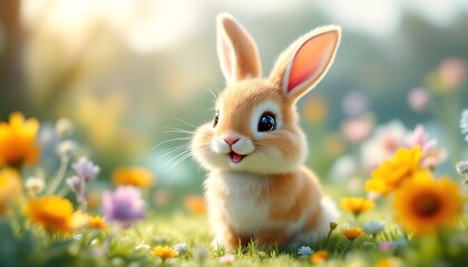 Joyful Bunny in Springtime Meadow: A Whimsical Illustration