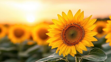 Obraz premium Sunflower field sunset, nature beauty, summer landscape, idyllic scene, for nature posters