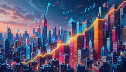 Fototapeta premium Cityscape Growth Rising Stock Market, Sunset