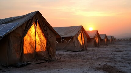Sunlight pours through the openings of tents at sunset, creating a warm, glowing atmosphere in a desert landscape, inviting relaxation and a sense of peace.