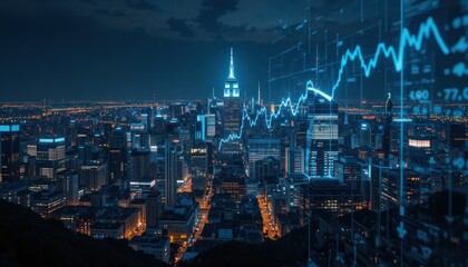 Night city skyline, stock market graph overlay, financial data, investment
