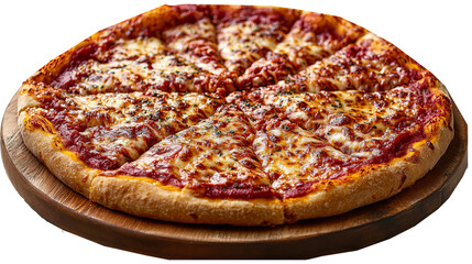 Whole Deep Dish Pizza with Tomato Sauce and Cheese: A Delicious Feast on a Wooden Board Against a White Background