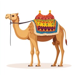 Naklejka premium Decorated camel, desert travel, white background, tourism illustration