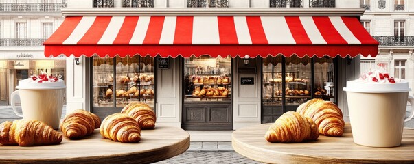 Charming Street Caf? Scene Featuring Fresh Croissants and Aromatic Coffee Outside a Bakery