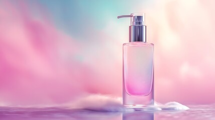 A frosted glass lotion bottle with a pump, sitting on a soft pastel background.