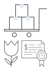Handcart loaded with boxes, minimalistic flower, and certification seal with dollar sign document. Ideal for logistics, certification, economy, shipping, floral industry, minimalism business