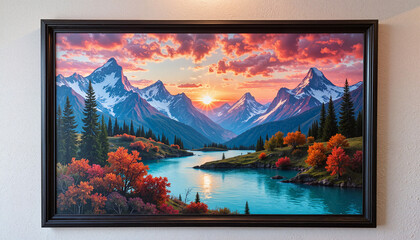 Beautiful landscape painting of mountains and a river at sunset in a decorative frame