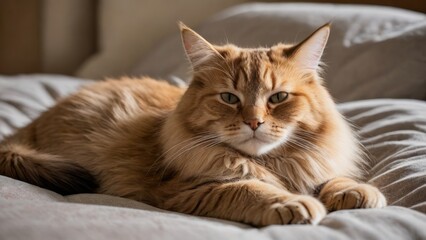 Fawn british longhair cat lying on sofa at home