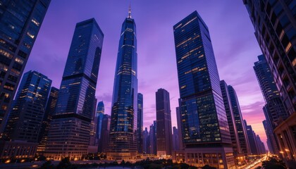 Obraz premium Cityscape twilight skyscrapers, urban sunset, business district, advertising