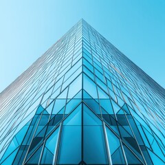 Obraz premium Modern Skyscraper: A Dynamic Tilted View Capturing Architectural Details, Reflective Glass Facade, and Clear Blue Sky for Urban and Commercial Use