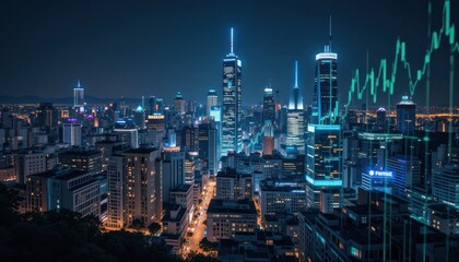 Fototapeta premium Night city skyline, financial growth chart overlay, stock market, urban development