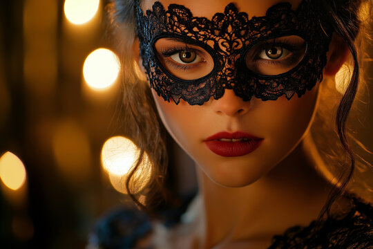 Portrait of a woman wearing a lace mask at a masquerade ball, dim ambient lighting and elegant details.