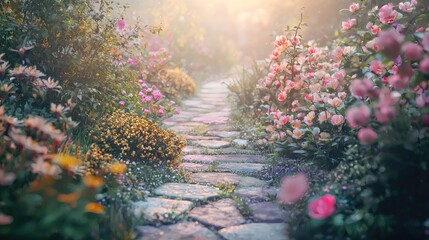 Enchanted Garden Path Serene Stroll Through Blooming Flowers