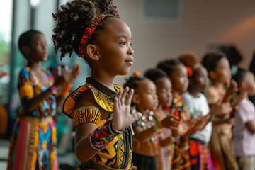 Focus on Afro American kid in traditional clothes on scene with arranged cultural Performance with music and theater made by African children which celebrating Black culture and traditions month.