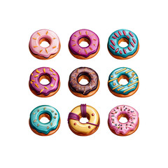 Fototapeta premium Donut Delight: Nine assorted donuts, each with unique and vibrant icing designs, arranged in a neat grid. A delightful collection perfect for bakery menus, sweet treat blogs, or fun food photography.