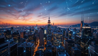 Obraz premium Cityscape Sunrise Network Connectivity