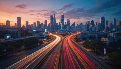 Obraz premium City highway sunset traffic light trails