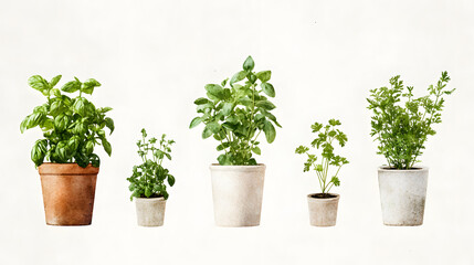 Fototapeta premium Whimsical watercolor composition of basil, parsley, and other herbs in pots