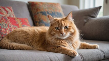 Fawn british longhair cat lying on sofa at home