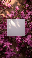 Obraz premium Blank Square Mockup Framed by Delicate Pink Blossoms and Sunlight