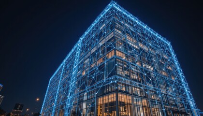 Illuminated city skyscraper at night, network data, urban