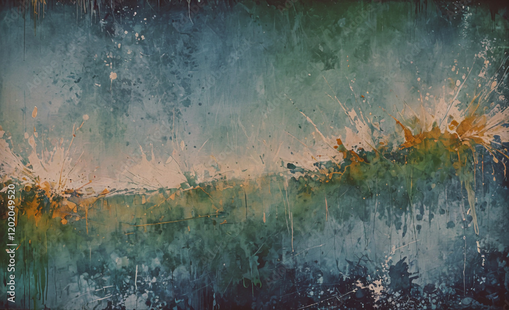 Poster a painting of a green and blue landscape with splatters of paint. the mood of the painting is chaoti