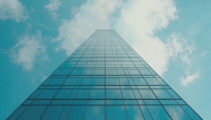 Fototapeta premium Modern Skyscraper Reaching Toward the Sky and Clouds in a Clear Blue Atmosphere, Architectural Design Featuring Glass Facade and Urban Landscape